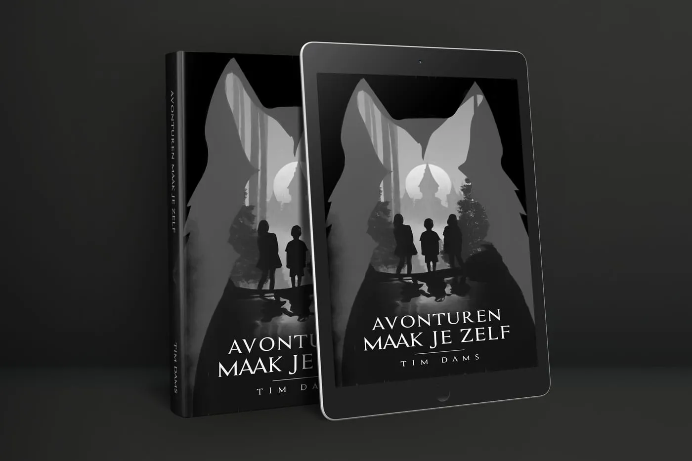 Boek en tablet met de cover van Avonturen maak je zelf: drie kinderen in het silhouet van een konijn